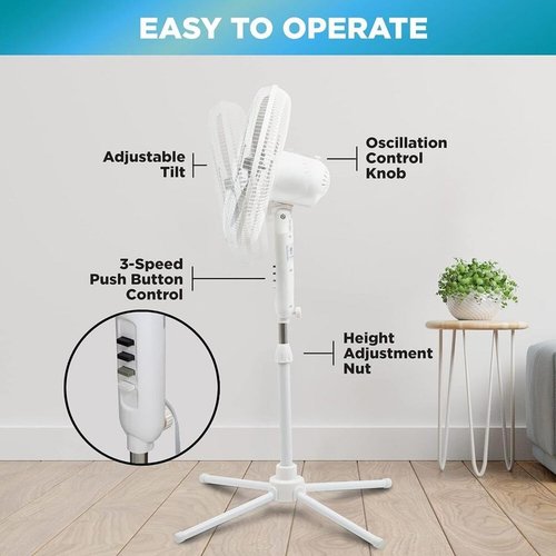 EZ-Chill 16” Oscillating Pedestal Fan - 3-Speed Options & Adjustable Height | Powerful Air Flow in White