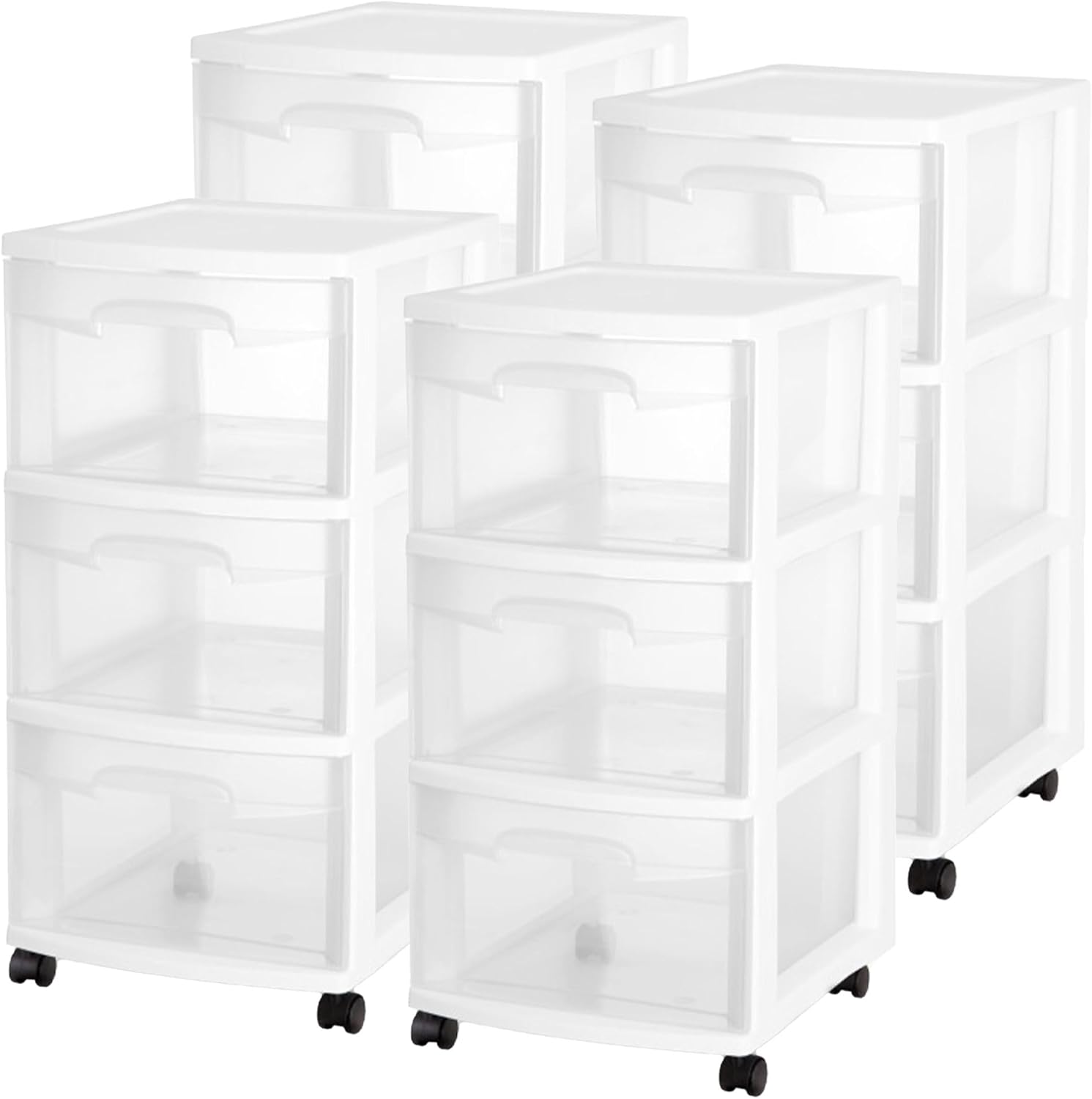Sterilite 4 Pack Plastic Storage Organizer - 3 Drawer Rolling Bin Cart for Closet Organization | White