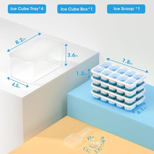 DOQAUS Ice Cube Tray - 4 Pack Silicone Trays with Lid & Bin for Easy Freezer Storage | Perfect for Cocktails & Coffee