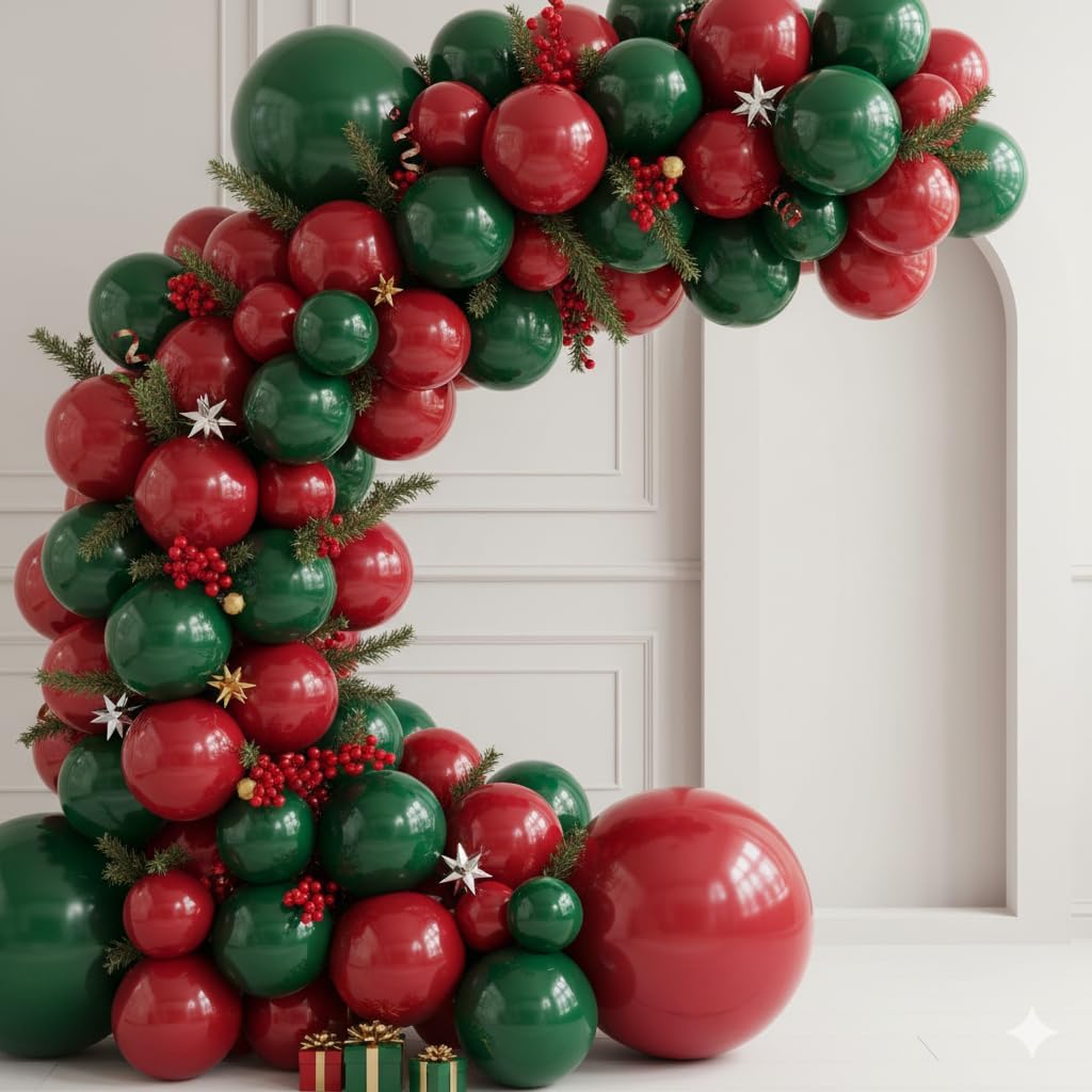 PartyWoo Hunter Green & Red Balloon Arch Kit - 140pcs in 5, 10, 12, & 18 Inch Sizes for Festive Celebrations