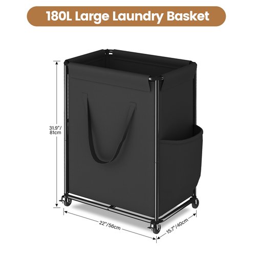 Homeiju 180L Large Laundry Hamper with Wheels, Rolling Laundry Basket with Metal Frame and Removable Bag Design, Dirty Clothes Laundry Cart for Bathroom, Dorm Room, Laundry Room, Black