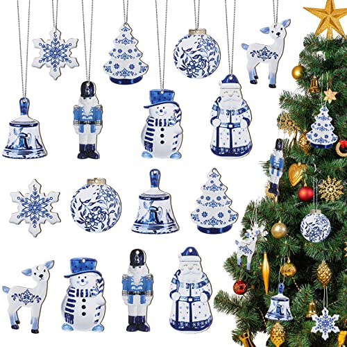 Yookeer 40 Pcs Blue and White Chinoiserie Wooden Snowman Christmas Ornaments - Holiday Decor