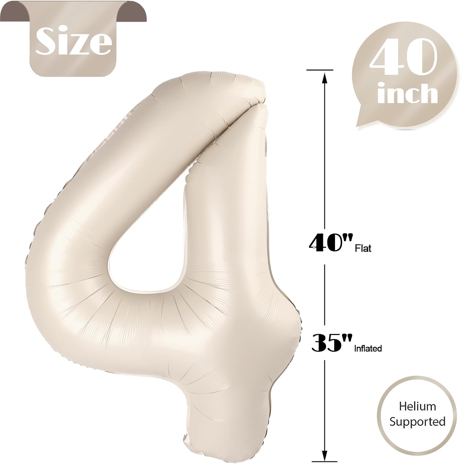Number 4 Balloon by Cream - 40 Inch Giant Foil Balloon for 4th Birthday Party Decorations