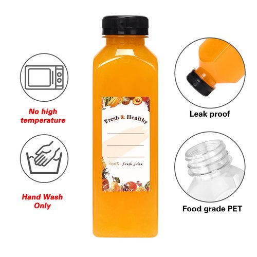 Moretoes 56pcs 16oz Plastic Juice Bottles with Caps, Clear Empty Containers with Brush Funnel and Labels for Coffee Smoothies Ginger and Other Beverages
