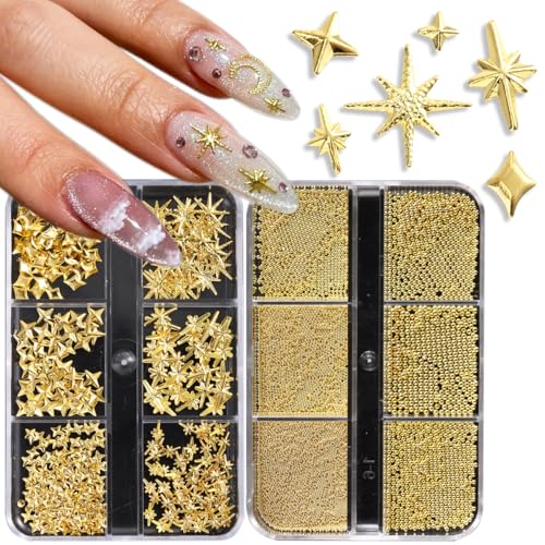 Gold Star Nail Charms and Caviar Beads Set - Y2K Metal Rhinestone Studs for Acrylic Nails DIY Manicure