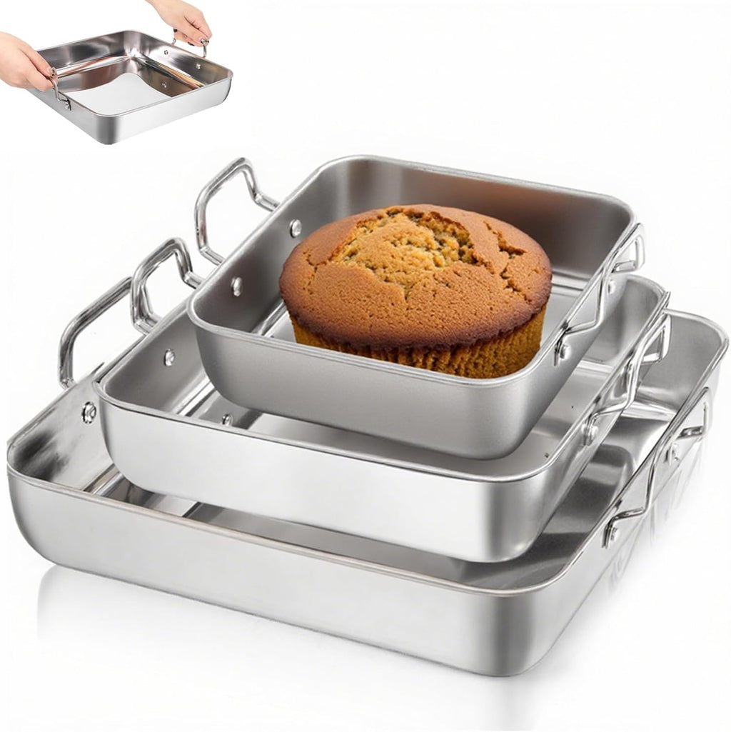 Tebery Square Cake Pan Set - Deep Stainless Steel Nonstick Baking Pans with Handles | 3-Piece Bakeware Set