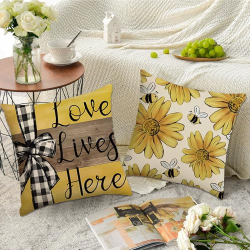 Decorative Bee & Sunflower Pillow Covers - Set of 4, 18x18 Inch