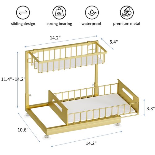 Saydear Under Sink Organizer Storage 2-Tier Premium Metal Pull-Out Kitchen Cabinet Organizer with Sliding Drawer, Height Adjustable, Heavy Duty for Kitchen & Bathroom Organizers 2 Pack Gold