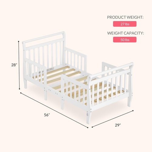 Dream On Me Emma 3-in-1 Convertible Wooden Toddler Bed in White, Baby Safety Alliance Certified, Low-to-Floor Design, Solid Pinewood with Safety Rails