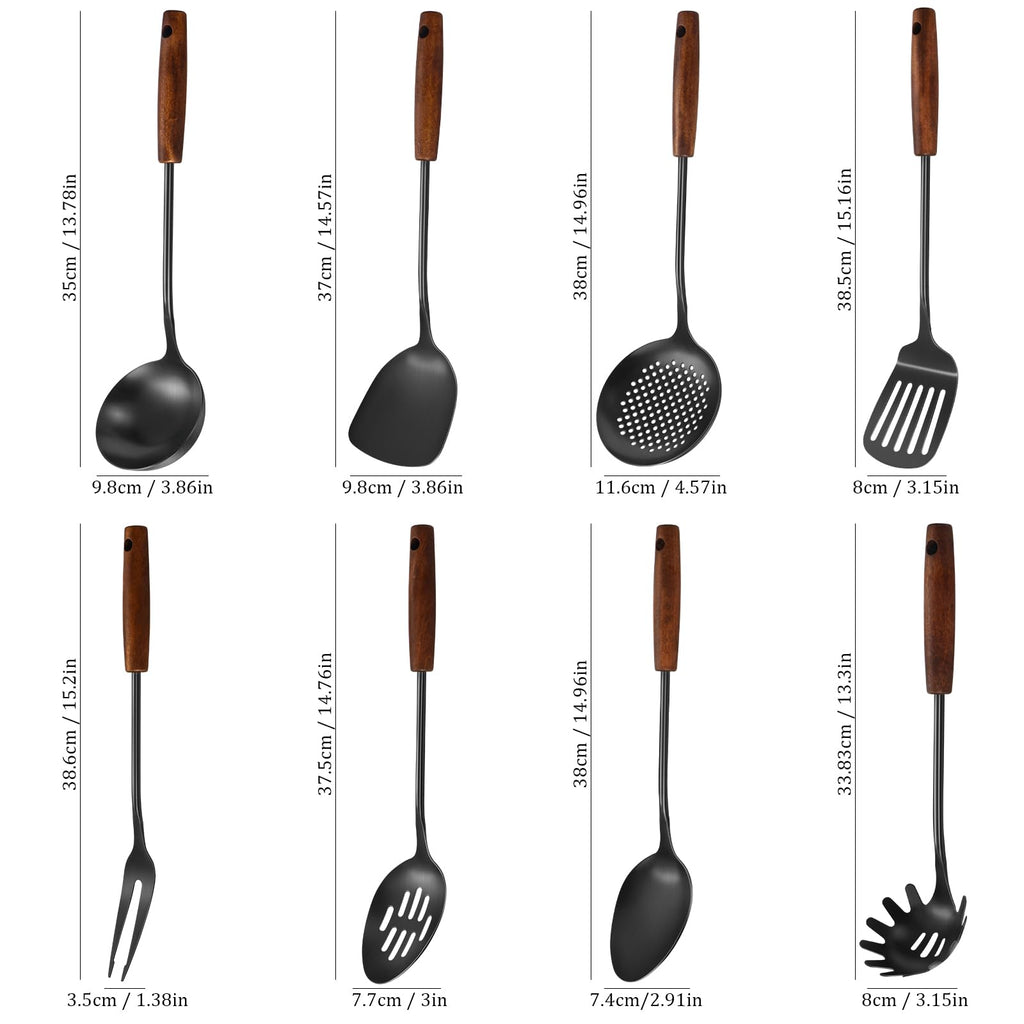 304 Stainless Steel Kitchen Utensils Set, 8 Pcs Long Cooking Utensils Set with Wooden Handle, Large Heat Resistant Kitchen Tools(Black, Dishwasher Safe)