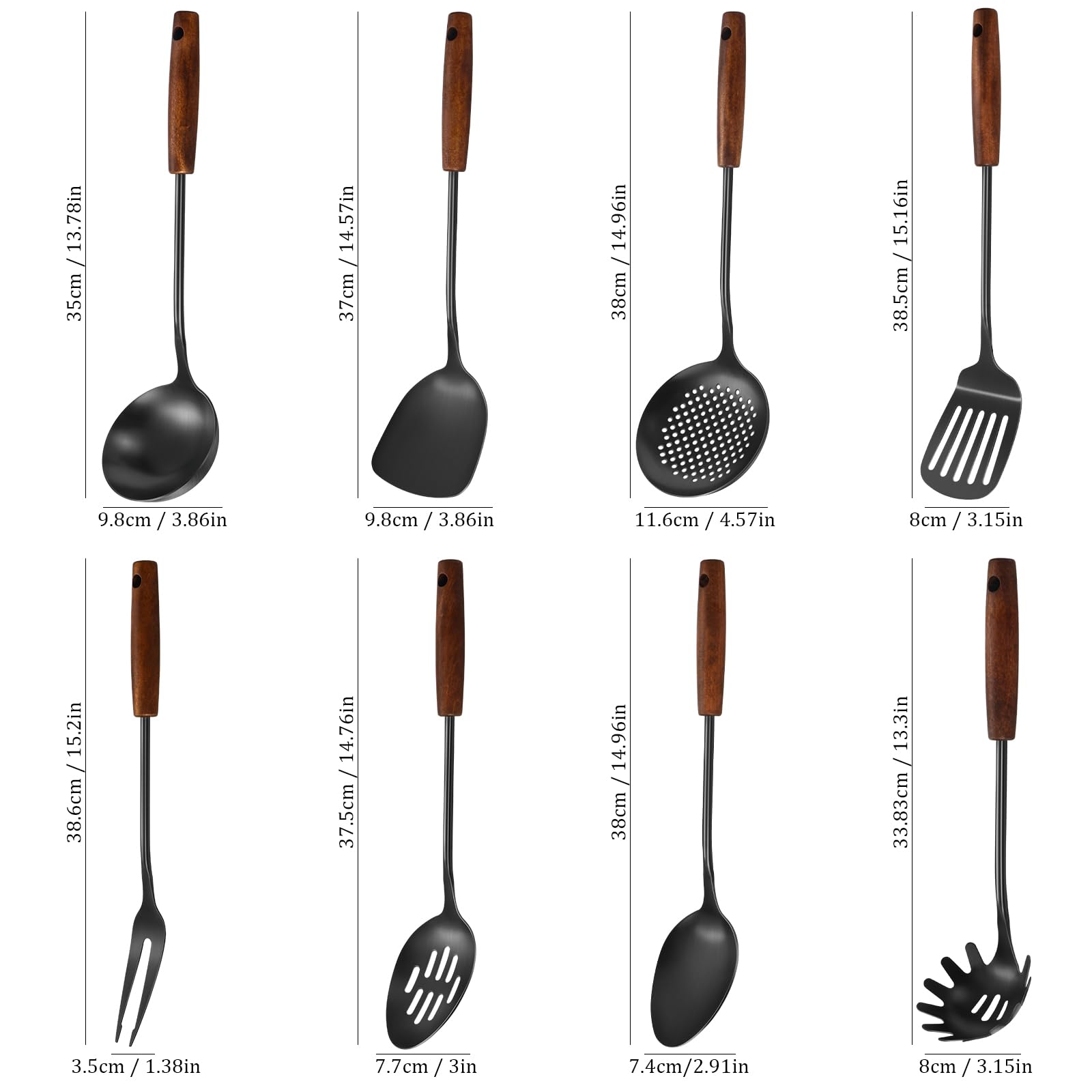 304 Stainless Steel Kitchen Utensils Set, 8 Pcs Long Cooking Utensils Set with Wooden Handle, Large Heat Resistant Kitchen Tools(Black, Dishwasher Safe)
