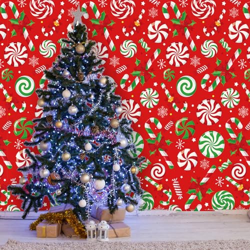 Christmas Candy Cane Plastic Tablecloth Roll - Red & Green, 4.5x100 ft, Disposable Holiday Party Decor