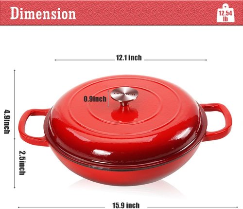 COOKWIN Cast Iron Dutch Oven - 3.8 Quart Enameled Casserole with Lid & Dual Handles - Red