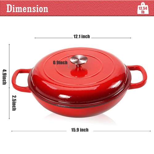 COOKWIN Cast Iron Casserole Braiser, 3.8 Quart Enameled Cast Iron Dutch Oven Pan with Lid, Heavy Duty and Dual Handles Skillet, Oven-Safe Porcelain Surface Casserole Dish, Red