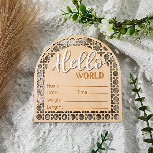 Hello World Baby Announcement Sign - 5.5 Inch Wooden Name Plaque