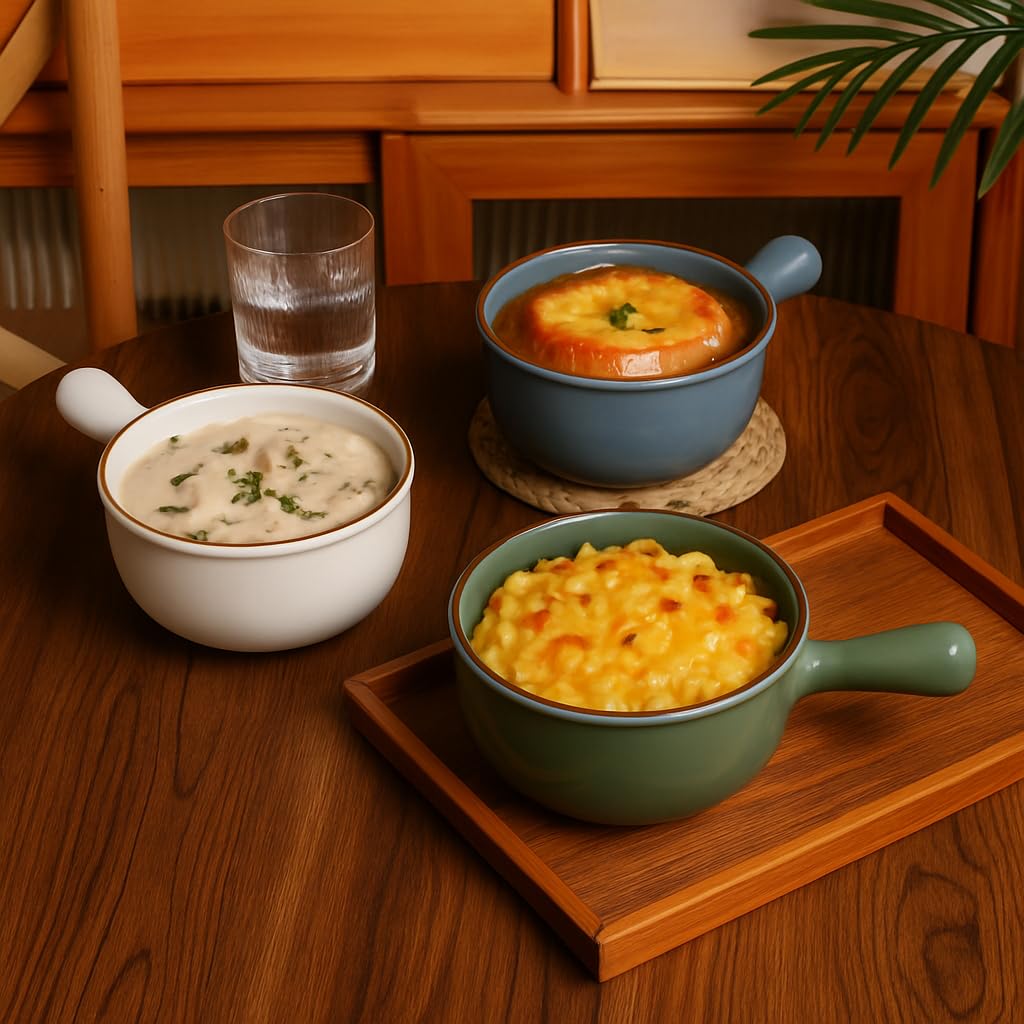 MONITO 26 Oz French Onion Soup Bowls, Ceramic Soup Bowls with Handles, Stackable Soup Crocks, Oven/Microwave/Dishwasher Safe, for Cereal, Soups, Casseroles