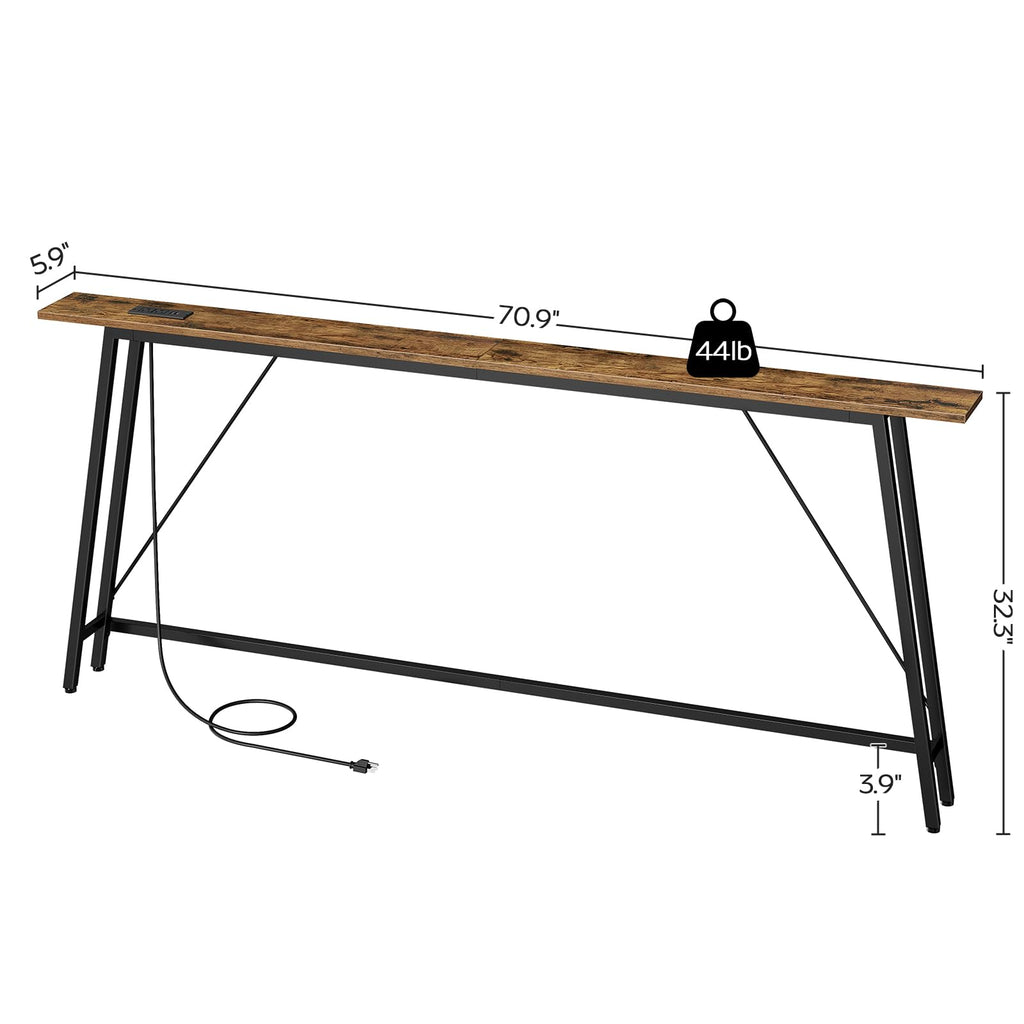 YATINEY 70.9" Couch Table Behind Sofa, Narrow Console Table with Outlet, Skinny Sofa Tables Narrow Long, Long Entryway Tables for Hallway, Entryway, Living Room, Rustic Brown and Black CT185UBR
