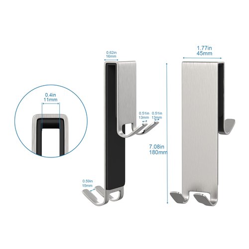 Shower Door Hook, Extended Length Double-Sided Hook for Frameless Shower Doors (7 Inch), Heavy-Duty Stainless Steel Hook for Bathrobes and Towels, No Drilling or Adhesive Required, 2-Pack, Silver