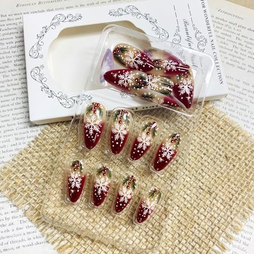 Christmas Press on Nails Medium Almond Red French Snowflake Fake Nails