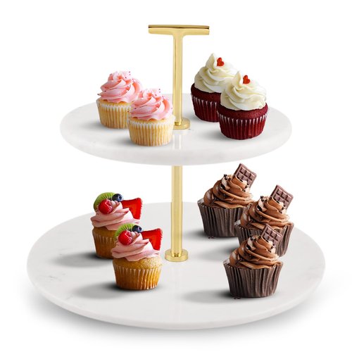 Supabon 2 Tiered White Marble Tray with Gold Metal Stand - Serving Tray for Desserts, Pastries, Cupcakes, Countertop Decor Display Stand, Detachable White Marble Plates with Gold Metal Handle