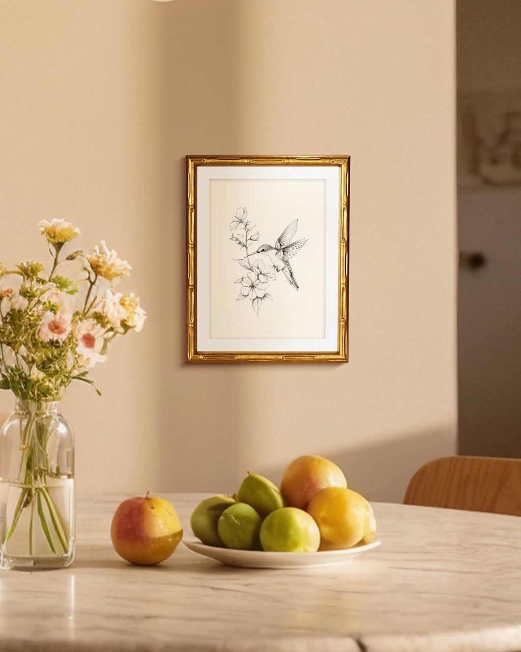 Skiennix Hummingbird Wall Art - Classic Black & White Botanical Illustration | 11x14 Framed Canvas Print