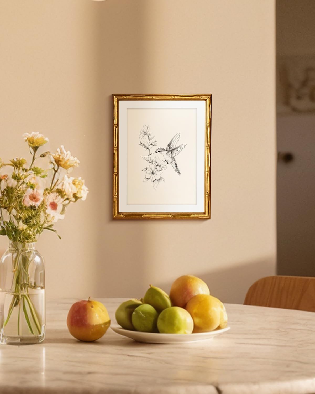 Skiennix Hummingbird Wall Art - Classic Black & White Botanical Illustration | 11x14 Framed Canvas Print
