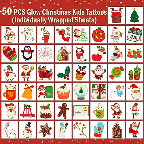PARTYWIND Luminous Christmas Temporary Tattoos - 50 Styles Glow-in-the-Dark Stocking Stuffers for Kids