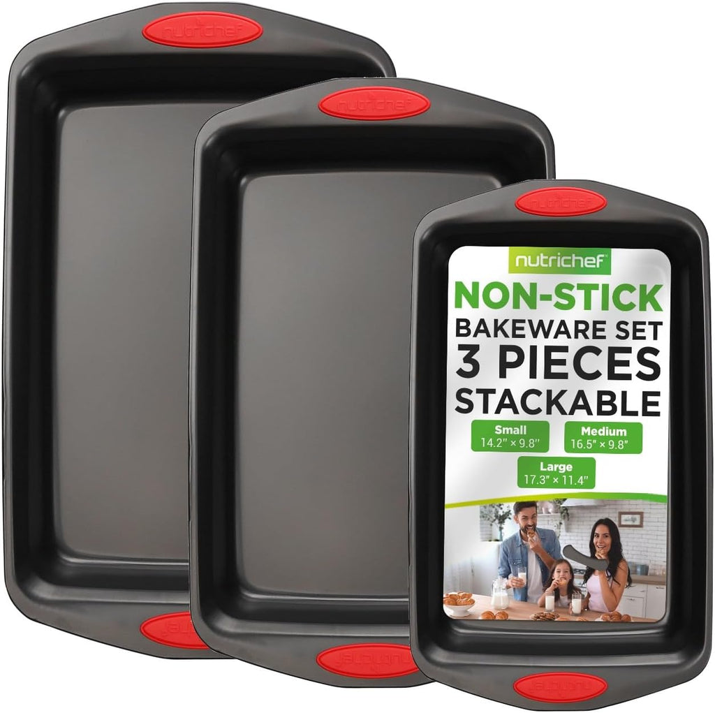 NutriChef 3-Piece Baking Pan Set | Premium Nonstick Carbon Steel Bakeware with Silicone Handles - Black