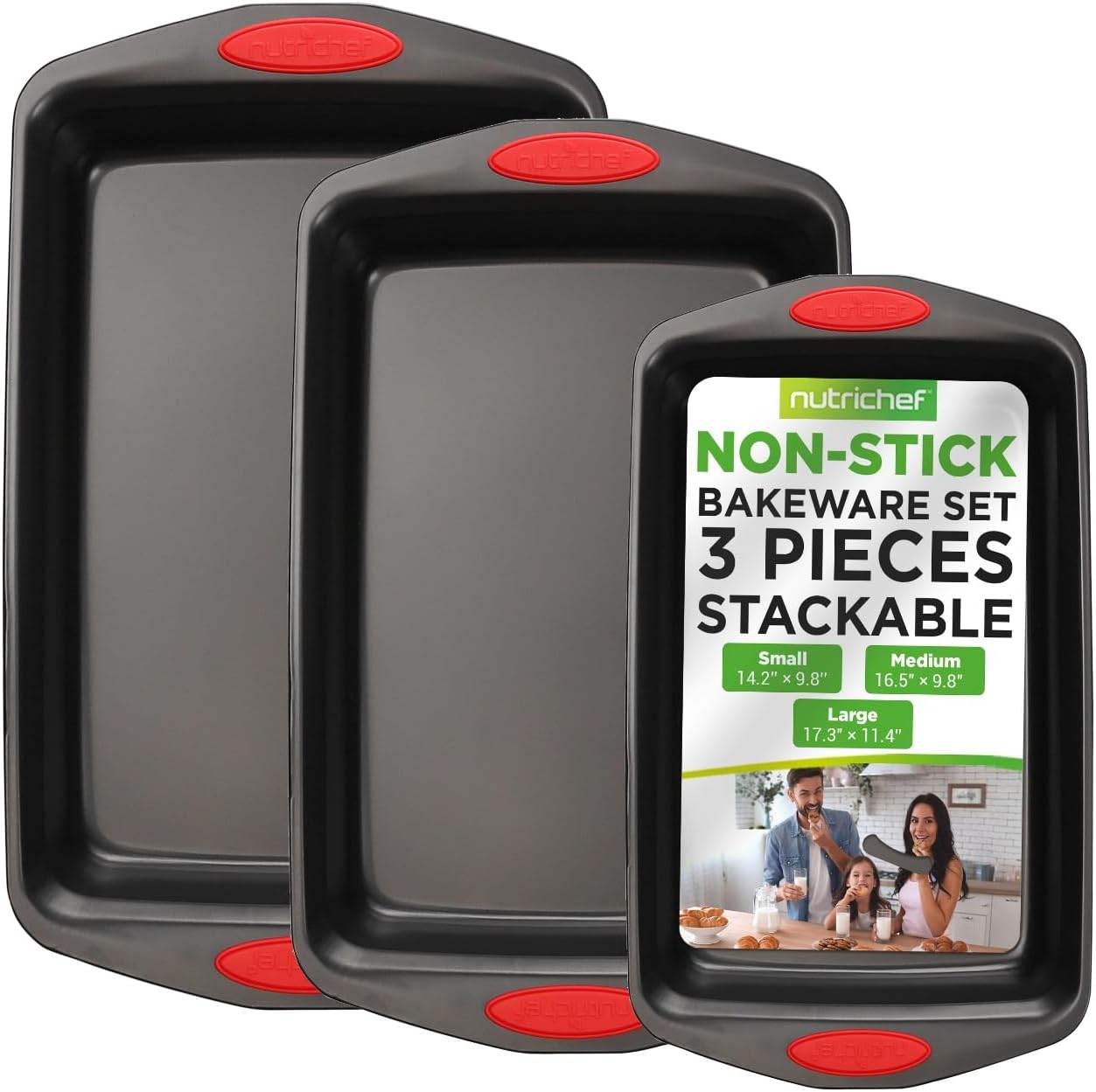 NutriChef 3-Piece Baking Pan Set | Premium Nonstick Carbon Steel Bakeware with Silicone Handles - Black