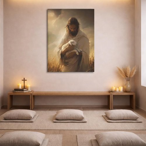 Jesus Holding Lamb Framed Canvas Wall Art - Christian Good Shepherd Painting for Living Room | 12x16 Inch