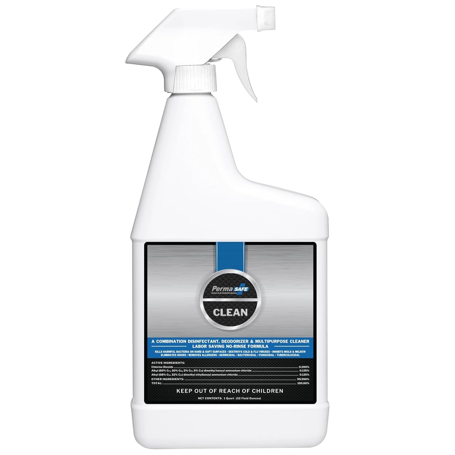 PermaSafe CLEAN 1-Step Disinfectant, Deodorizer & All-Purpose Cleaner; Soft, Hard & Food Surface Sanitizer; Kills 99.9% of Bacteria, Viruses, Molds - Child, Pet, Planet & All Surface Safe (32oz)