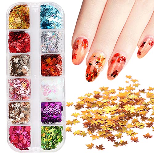 Fall Maple Leaf Nail Art Glitter Sequins 12-Color Set for Acrylic Nails