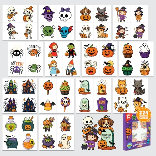 Decorably Halloween Temporary Tattoos for Kids 224 Pcs 56 Sheets Non-Toxic