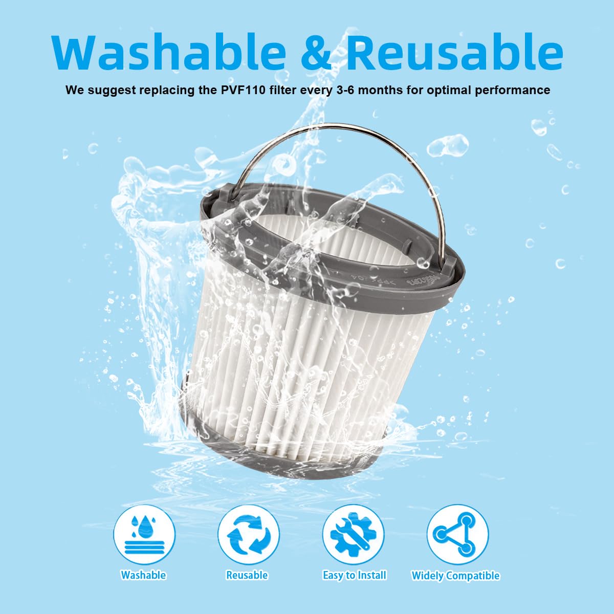 4 Pack PVF110 Replacement Filter Compatible with Black and Decker Handheld Pivot Vacuum BDH2000PL BDH2020FLFH PHV1410 PHV1810 PHV1210 BDH2020FL, Washable Hand Vac Filters