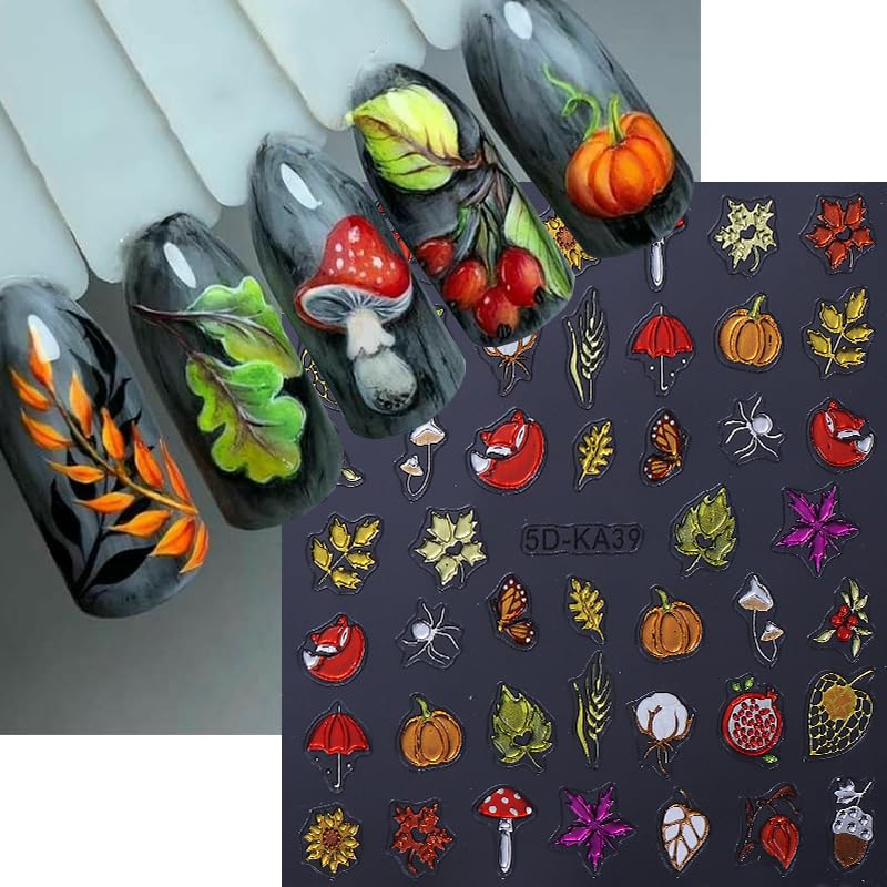 Fall Colorful 3D Self-Adhesive Nail Stickers Maple Leaves Pumpkin