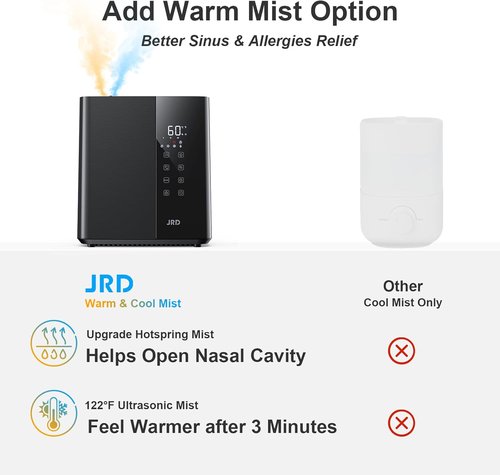 JRD Ultrasonic Humidifier - 5L Warm & Cool Mist for Fast Relief | 50H Runtime, 12H Timer, 7 Color Light - Black