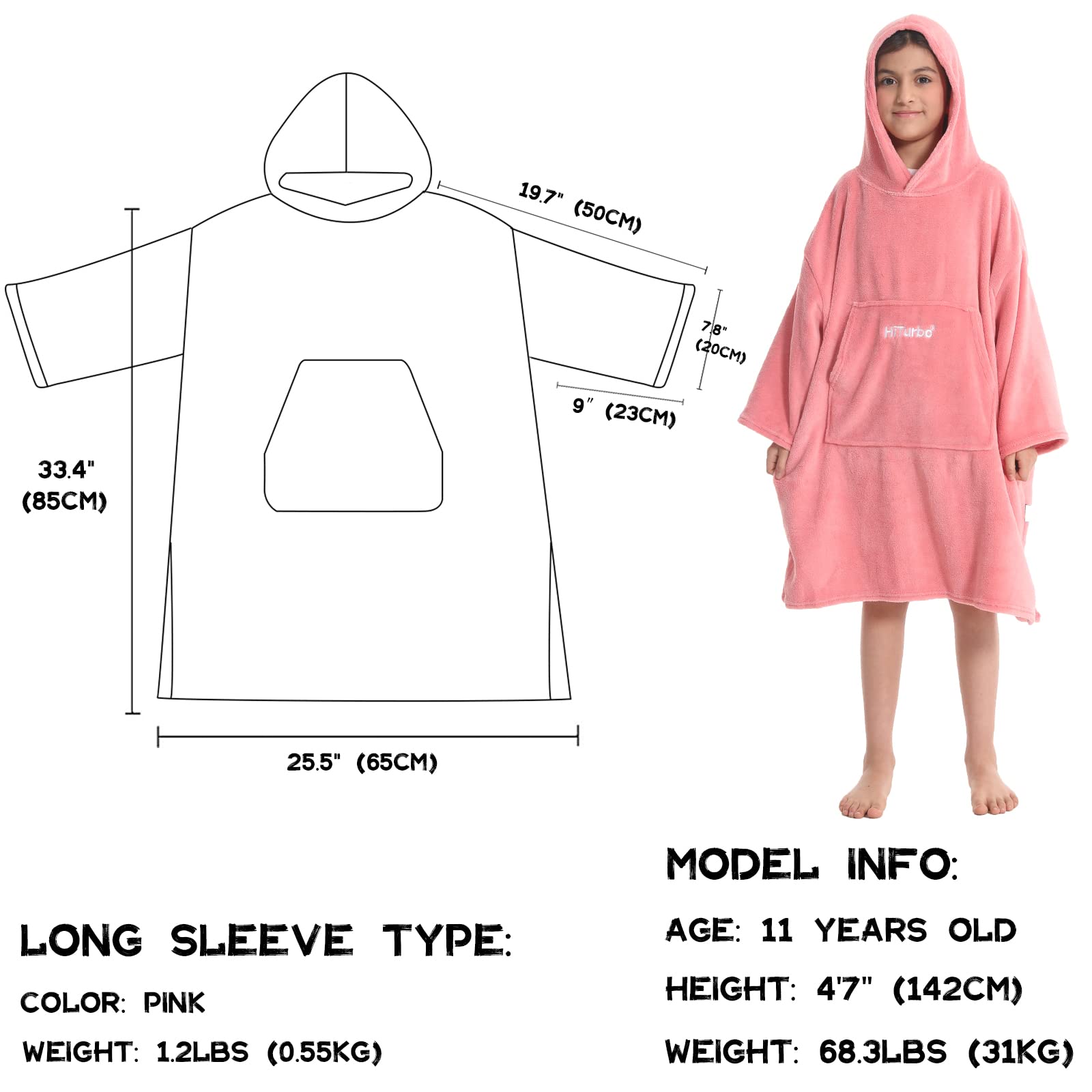 Hiturbo Kids Towel Changing Robe: Soft Plush Wearable Blanket - Warm Coral Fleece Hoodie - Swim Surf Poncho for 5-12 Years (Pink)