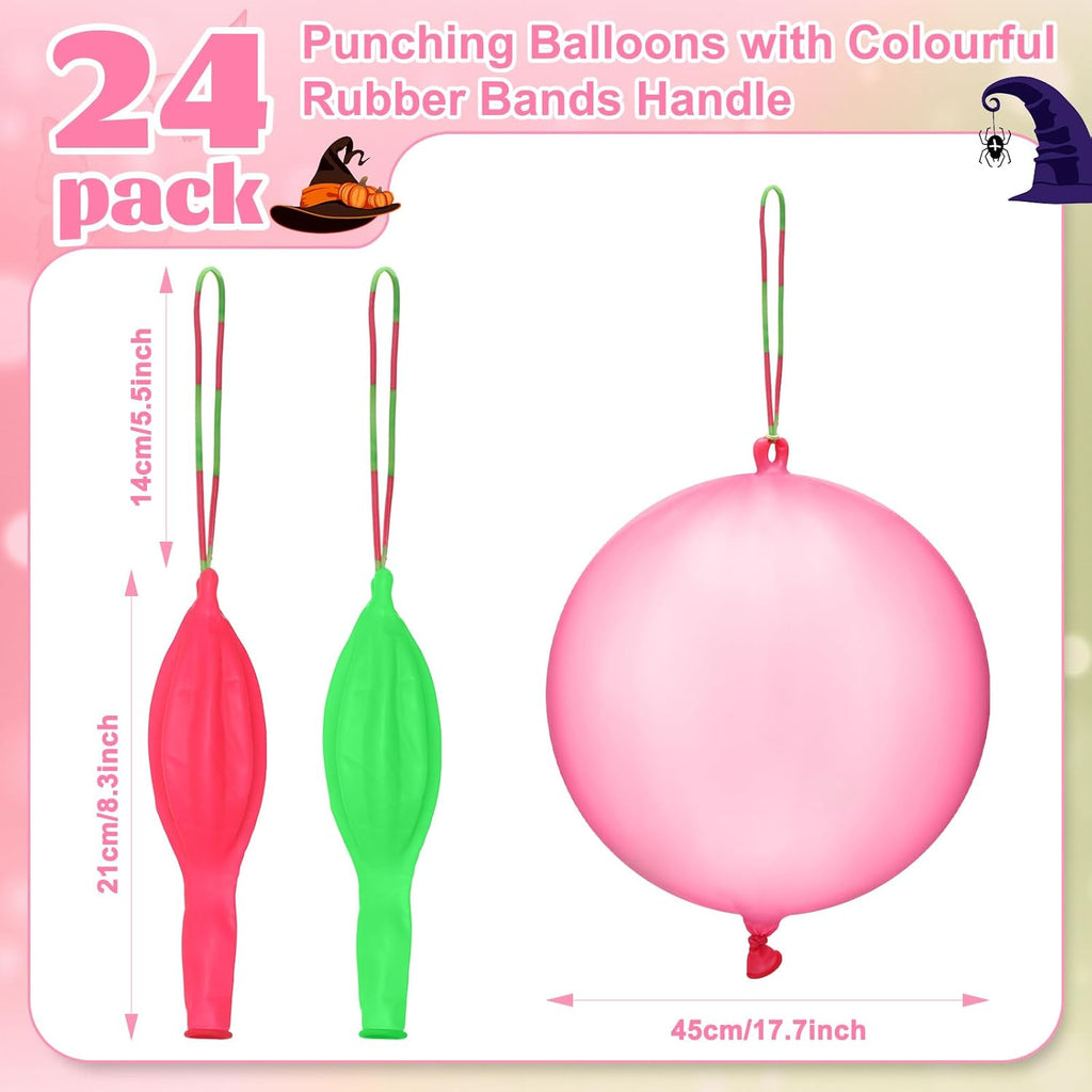 Skiennix Punch Balloons - 24 Pcs Pink & Green Bounce Balloons with Rubber Band Handles for Parties