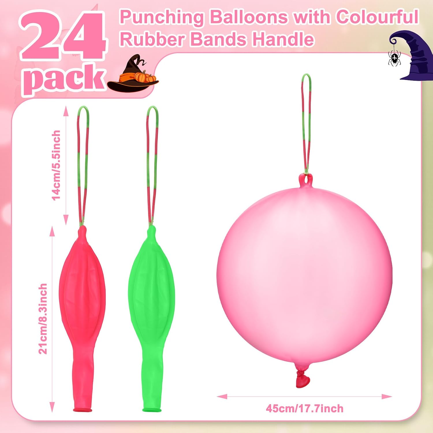 Skiennix Punch Balloons - 24 Pcs Pink & Green Bounce Balloons with Rubber Band Handles for Parties