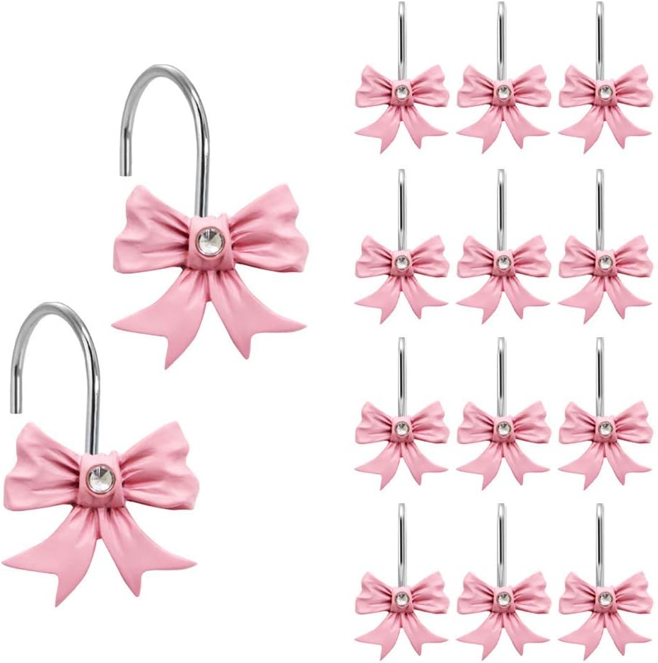 Skiennix Decorative Shower Curtain Hooks - Pink Bow Knot Resin Rings for Bathroom & Nursery Decor | 12PCS Set