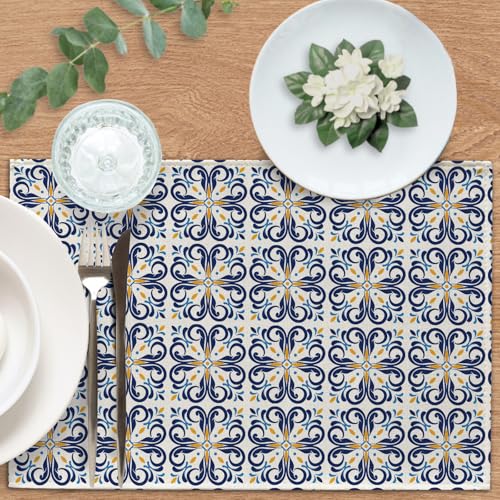 Vintage Floral Placemats Set of 4 - Retro Blue Yellow Design