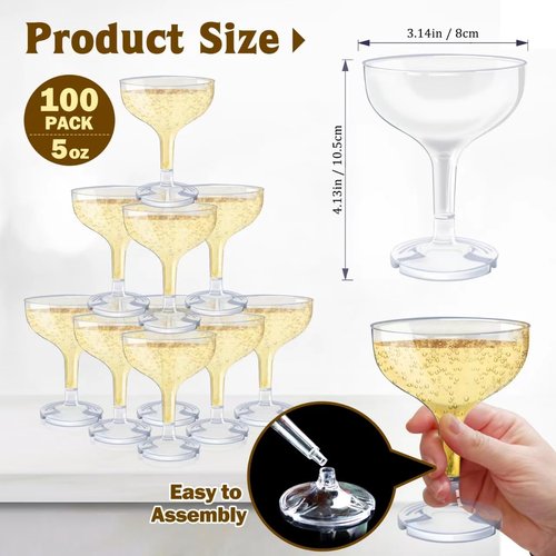 KYAPCK 100 Pcs Plastic Champagne Coupe Glasses for Parties, 5 oz Disposable Champagne Glasses Unbreakable Acrylic Martini Glasses Clear Margarita Glasses for Wedding, Birthday