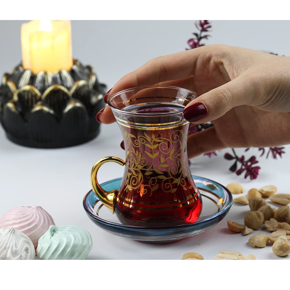 Vissmarta Vintage Turkish Tea Glasses Cups and Saucers Set of 6 Handle Drinkware Drink Bar Fancy Teapots Serving Glassware Drinking Kitchen Women Moroccan Persian Teacups Party Art Deco