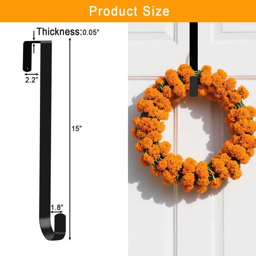 15" Christmas Wreath Hangers for Front Door, 2 Pack Over The Door Wreath Hanger Hooks for Hanging Christmas Thanksgiving Easter Fall Spring Decoration, Door Hangers Suitable for Various Doors (Black)
