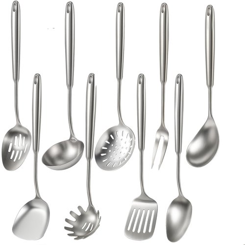 Newness 9 Pcs Cooking Utensils Set, 304 Stainless Steel Kitchen Utensils Set, Metal Kitchen Accessories, Include Soup Ladle, Slotted Skimmer Spoon, Spaghetti Spoon and Spatula, Dishwasher Safe