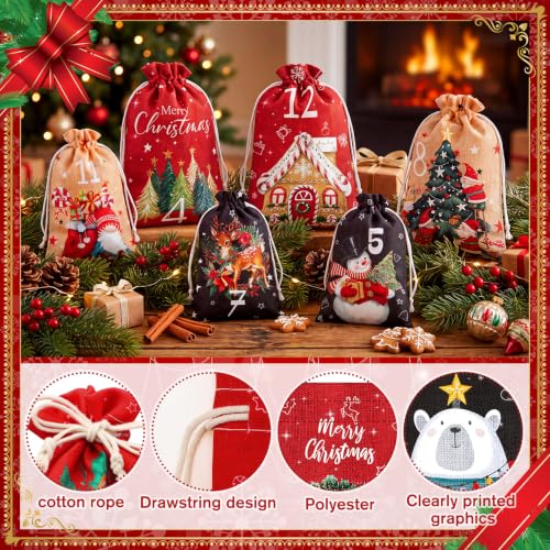 24 Pcs Reusable Christmas Advent Calendar Number Bags with Rope & Clips - Classic
