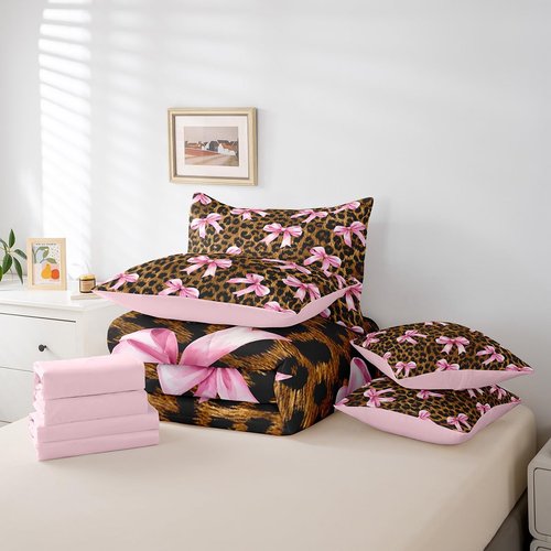 Castle Fairy Bowknot Leopard Bed in a Bag Comforter Set,Girly Princess Pink Bow Full Size 7 Pieces for Kids Teens,Cheetah Fur Print Bedding Set with Comforter, Sheet Set, Pillowcases, Pillow Covers