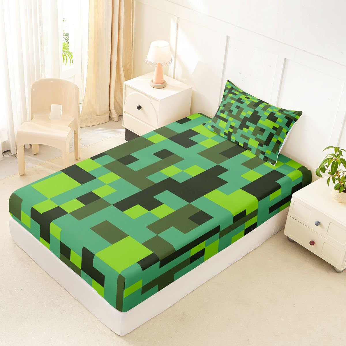 Pixel Grid Miners Kids Twin Size Fitted Sheet,Geometric Grid Patchwork Pixelated Boys Girls Bed Sheets,Cartoon Gamepad Video Games Room Decor,Cyan Green Bedding Set,1 Pillowcase(No Flat)