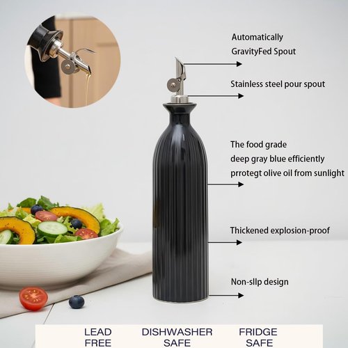 UDNORDGLOW 18 oz Ceramic Olive Oil Bottle Dispenser for kitchen with Stainless Automatic Spout, Stoneware 500ml Oil, Vinegar, Soy Sauce, Coffee Syrup, and Liquids container - Deep Gray-Blue