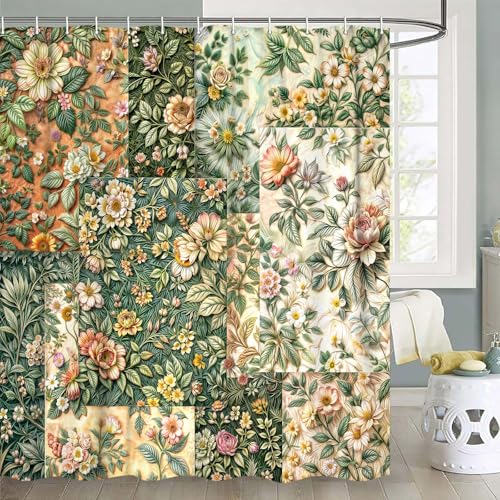 JAWO Floral Shower Curtain, Yellow Botanical Bathroom Decor 69x70 Inch